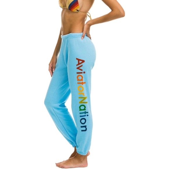 Aviator Nation Light Blue Sweatpants with Rainbow Logo - Picture 1 of 4